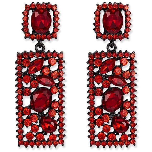 Carbon Black with Ruby Red Crystal Rectangle Geometric Chandelier Post Earrings - Picture 1 of 4